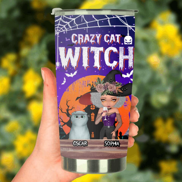 Custom Personalized Crazy Cat Witch Tumbler - Upto 4 Cats - Halloween Gift Idea For Cat Lovers