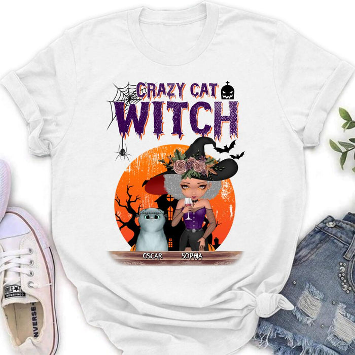 Custom Personalized Crazy Cat Witch T-Shirt - Upto 4 Cats - Halloween Gift Idea For Cat Lovers