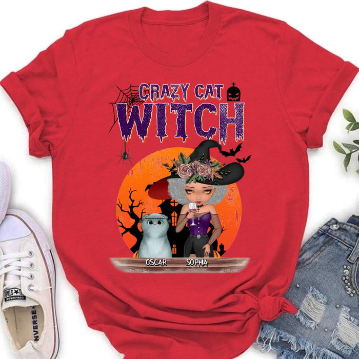 Custom Personalized Crazy Cat Witch T-Shirt - Upto 4 Cats - Halloween Gift Idea For Cat Lovers