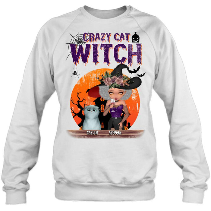 Custom Personalized Crazy Cat Witch T-Shirt - Upto 4 Cats - Halloween Gift Idea For Cat Lovers