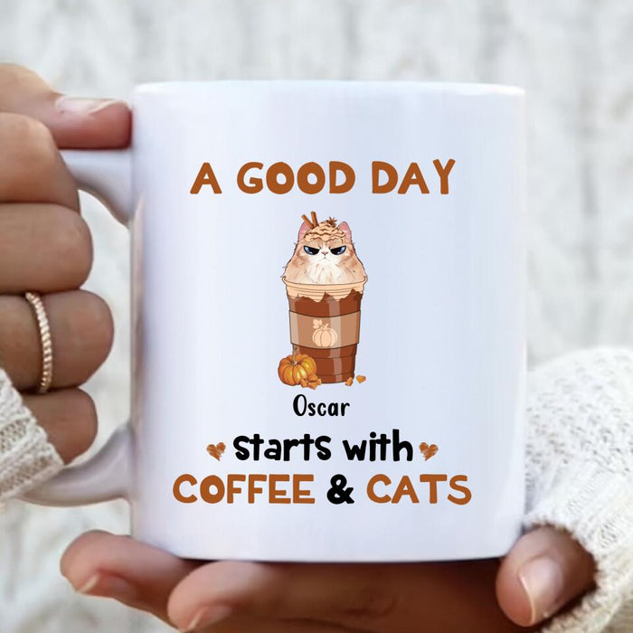 Custom Personalized Cat Mom & Coffee Mug - Gift Idea For Cat Lover - Up To 5 Cats - A Good Day Starts With Coffee & Cats