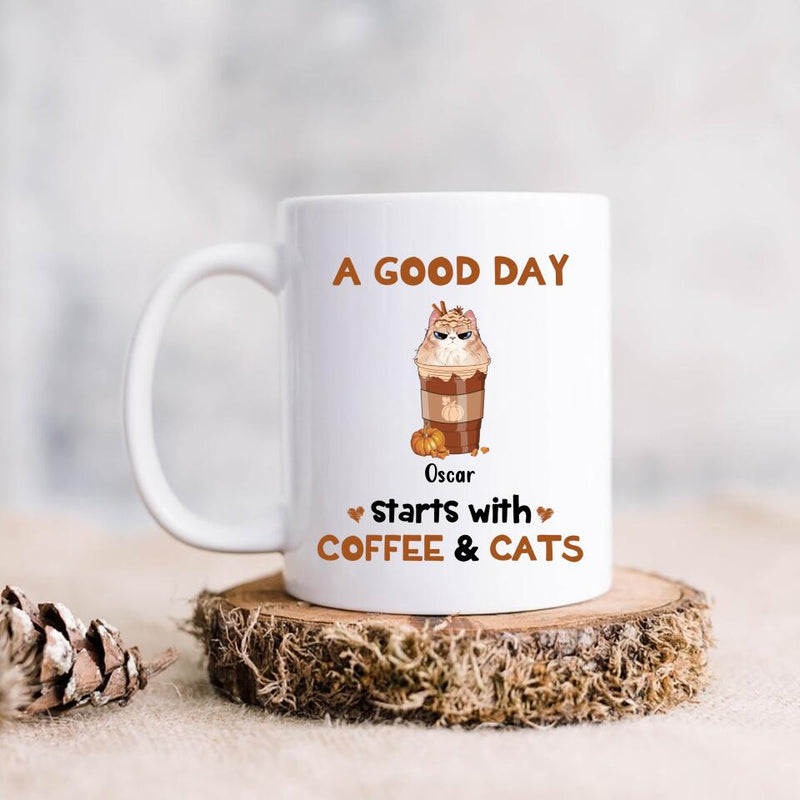 Personalized Cat Mom & Coffee Mug - Gift Idea For Cat Lover - Up To 5 Cats - A Good Day Starts With Coffee & Cats