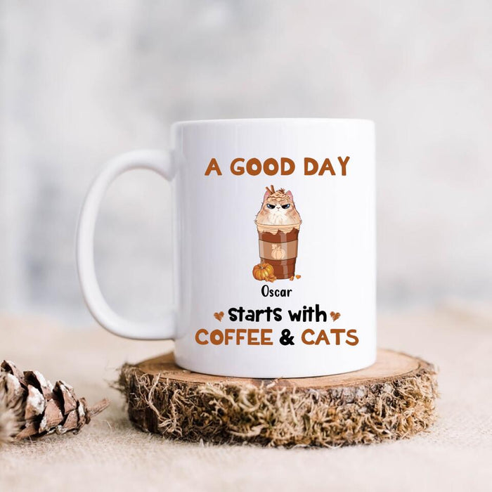 Custom Personalized Cat Mom & Coffee Mug - Gift Idea For Cat Lover - Up To 5 Cats - A Good Day Starts With Coffee & Cats