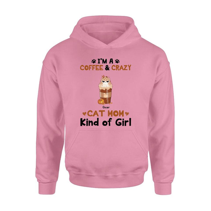 Custom Personalized Cat Mom & Coffee Shirt - Gift Idea For Cat Lover - Up To 5 Cats - I'm A Coffee & Crazy Cat Mom Kind Of Girl