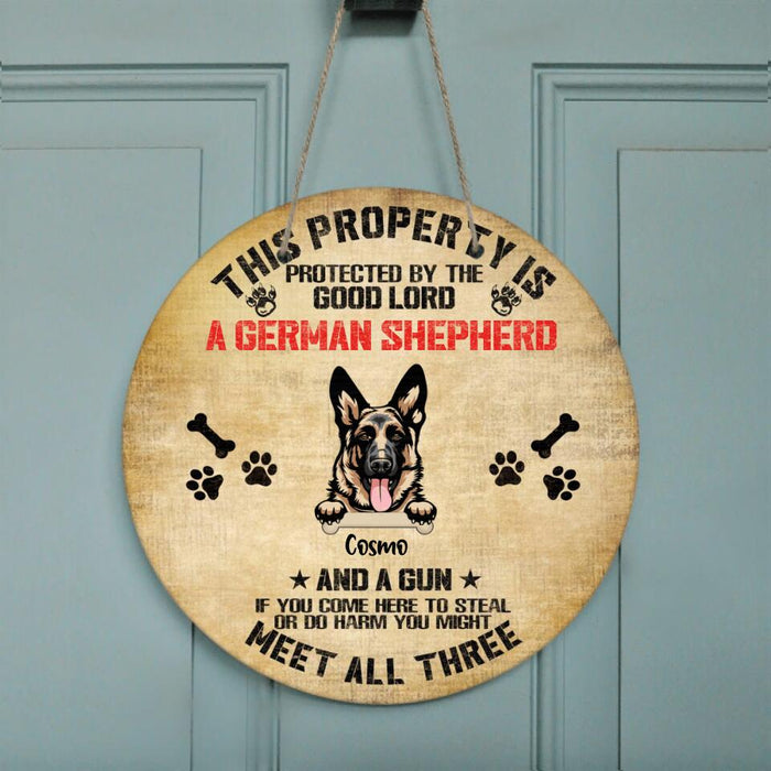Custom Personalized Dog Door Sign - Upto 4 Dogs - Best Gift For Dog Lover - This Property Is Protected By The Good Lord - JN3EUF