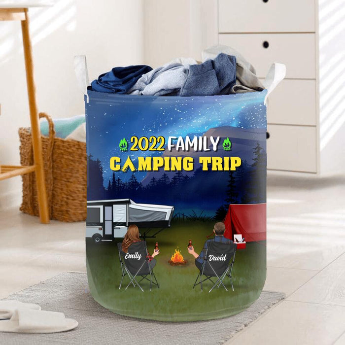 Custom Personalized Family Camping Trip Foldable Laundry Basket - Couple/ Single Parent/ Parents With Upto 3 Kids And 4 Pets - Gift Idea For Whole Family/ Camping Lover