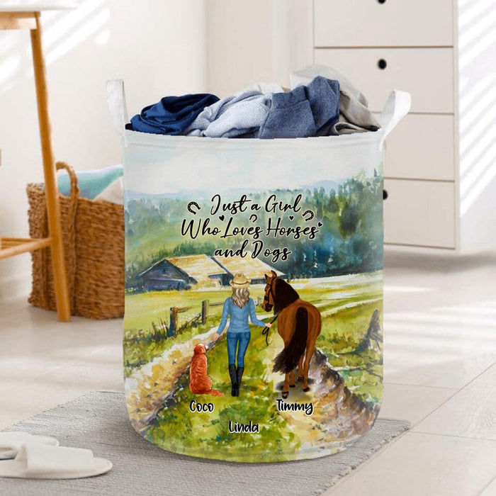 Custom Personalized Horses And Dogs Laundry Basket - Upto 2 Horses And 4 Dogs - Best Gift For Horse/Dog Lovers - Just A Girl Who Loves Horses And Dogs