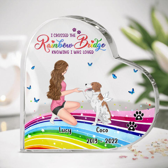 Custom Personalized Girl & Dog Crystal Heart - Memorial Gift Idea For Dog Owner - I Crossed The Rainbow Bridge Knowing I Was Loved