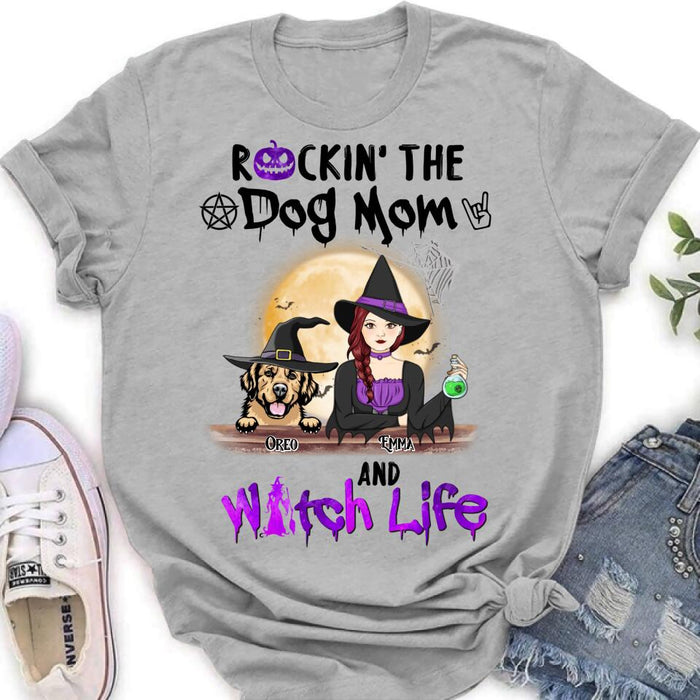 Custom Personalized Pet Witch Shirt/ Hoodie - Up to 4 Pets - Halloween Gift For Dog/ Cat Lover - Rockin' The Dog Mom & Witch Life