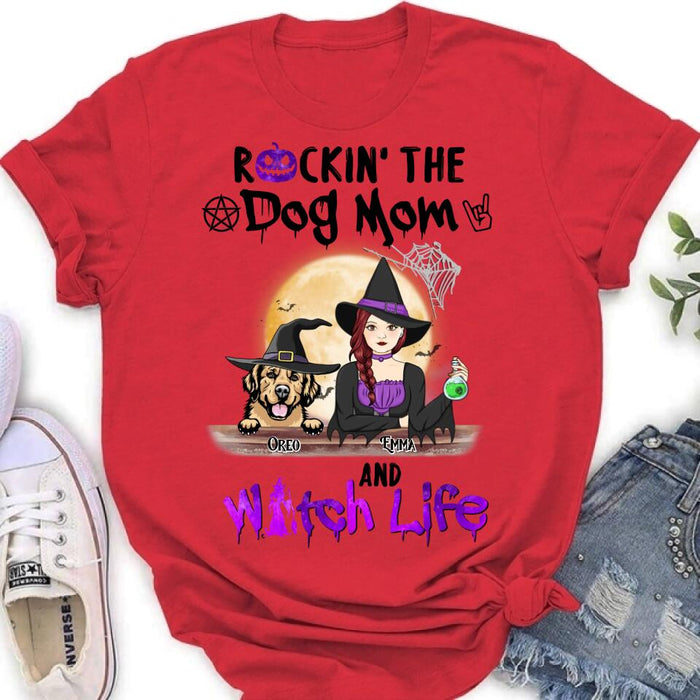 Custom Personalized Pet Witch Shirt/ Hoodie - Up to 4 Pets - Halloween Gift For Dog/ Cat Lover - Rockin' The Dog Mom & Witch Life