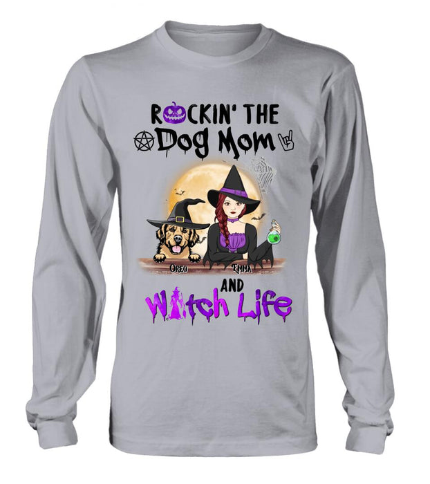 Custom Personalized Pet Witch Shirt/ Hoodie - Up to 4 Pets - Halloween Gift For Dog/ Cat Lover - Rockin' The Dog Mom & Witch Life