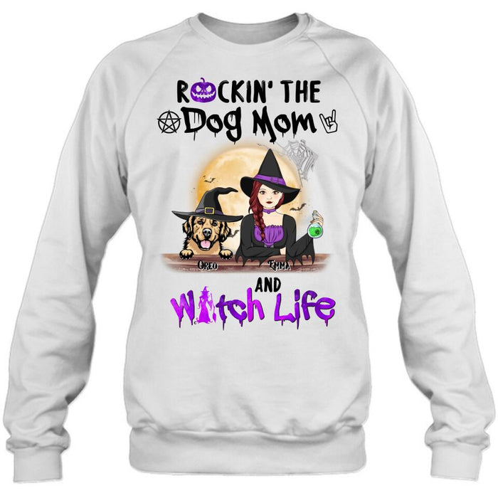 Custom Personalized Pet Witch Shirt/ Hoodie - Up to 4 Pets - Halloween Gift For Dog/ Cat Lover - Rockin' The Dog Mom & Witch Life