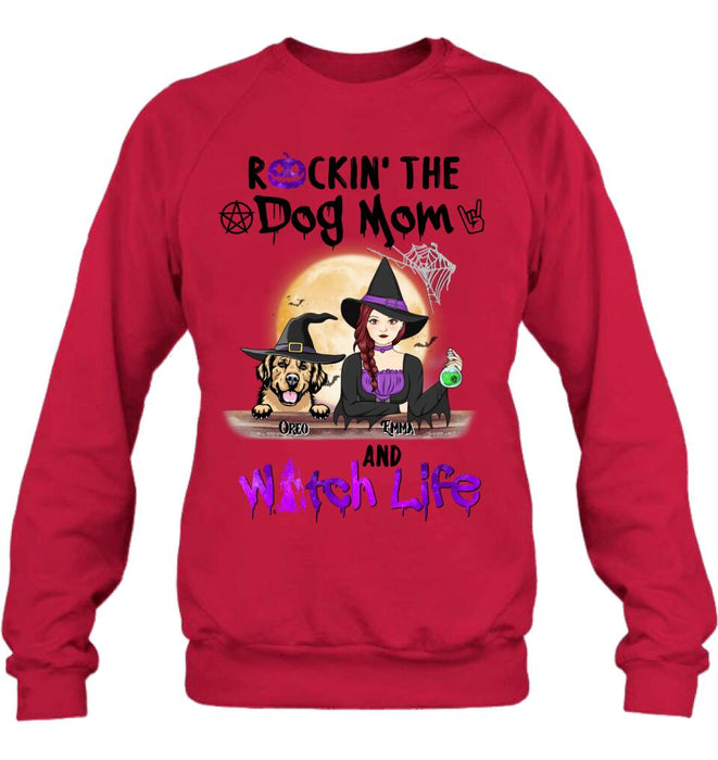 Custom Personalized Pet Witch Shirt/ Hoodie - Up to 4 Pets - Halloween Gift For Dog/ Cat Lover - Rockin' The Dog Mom & Witch Life