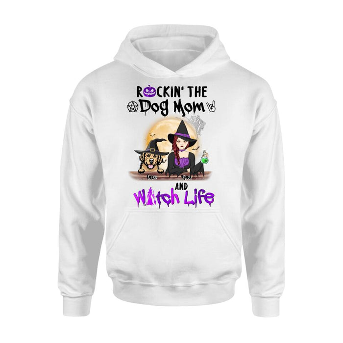 Custom Personalized Pet Witch Shirt/ Hoodie - Up to 4 Pets - Halloween Gift For Dog/ Cat Lover - Rockin' The Dog Mom & Witch Life