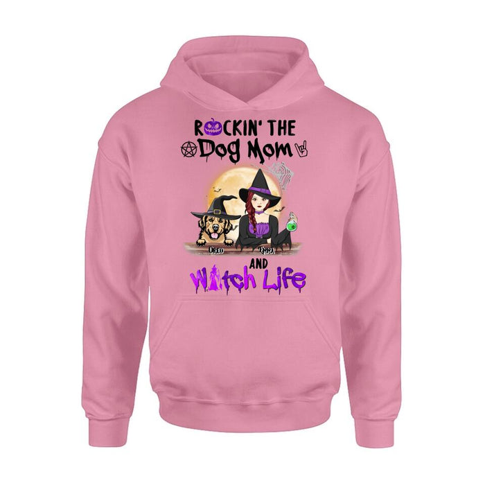 Custom Personalized Pet Witch Shirt/ Hoodie - Up to 4 Pets - Halloween Gift For Dog/ Cat Lover - Rockin' The Dog Mom & Witch Life