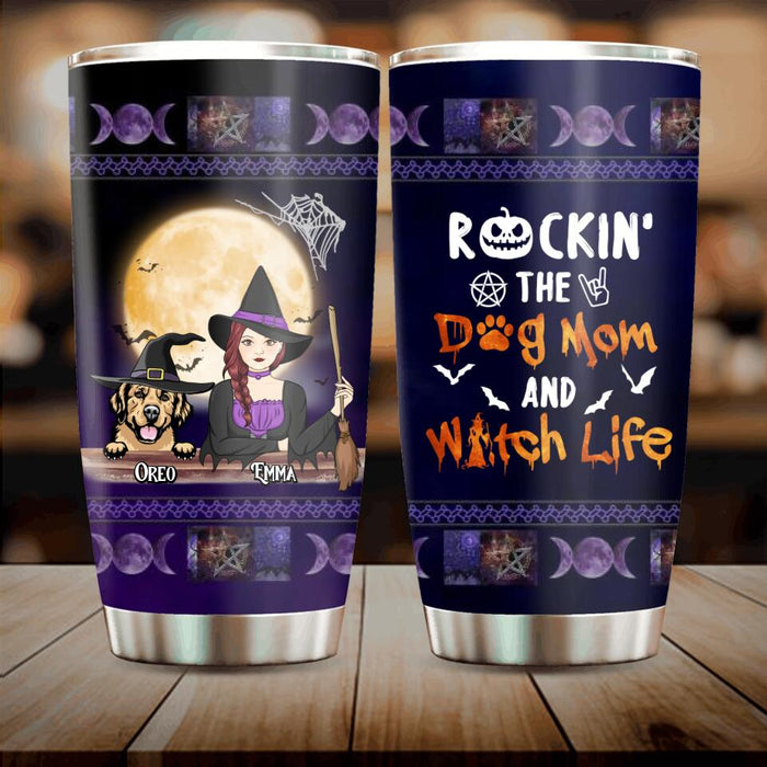 Custom Personalized Pet Witch Tumbler - Up to 4 Pets - Halloween Gift For Dog/ Cat Lover - Rockin' The Dog Mom & Witch Life