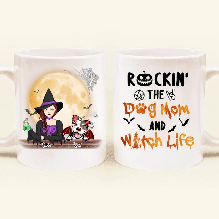 Custom Personalized Pet Witch Coffee Mug - Up to 4 Pets - Halloween Gift For Dog/ Cat Lover - Rockin' The Dog Mom & Witch Life