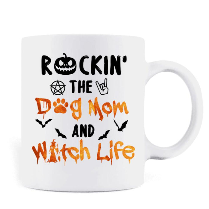 Custom Personalized Pet Witch Coffee Mug - Up to 4 Pets - Halloween Gift For Dog/ Cat Lover - Rockin' The Dog Mom & Witch Life