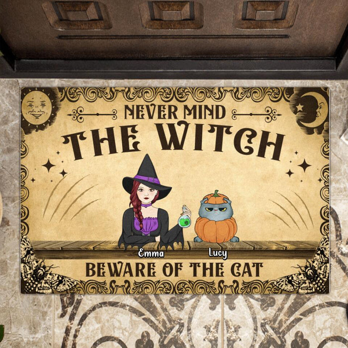 Custom Personalized Cat Witch Doormat - Upto 6 Cats - Halloween Gift For Cat Lover/Wiccan Decor/Pagan Decor - Never Mind The Witch Beware Of The Cats