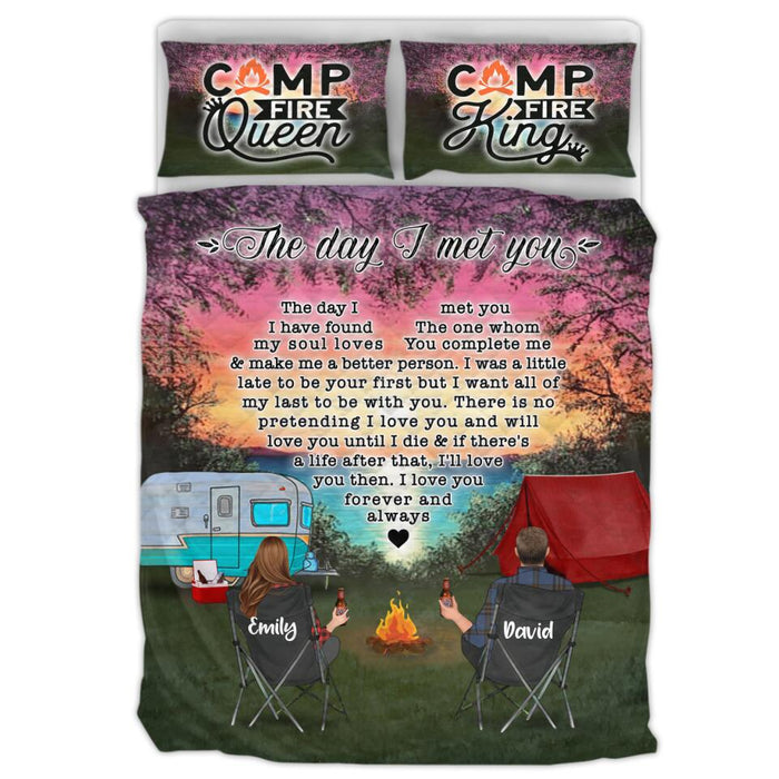 Custom Personalized Camping Couple Quilt Bed Sets - Upto 3 Kids And 4 Pets - Gift Idea For Camping Lover - The Day I Met You