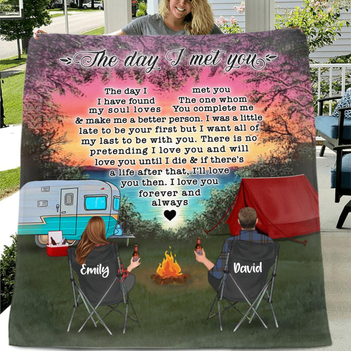 Custom Personalized Camping Couple Fleece/ Quilt Blanket - Couple/ Parents With Upto 3 Kids And 4 Pets - Gift Idea For Camping Lover - The Day I Met You