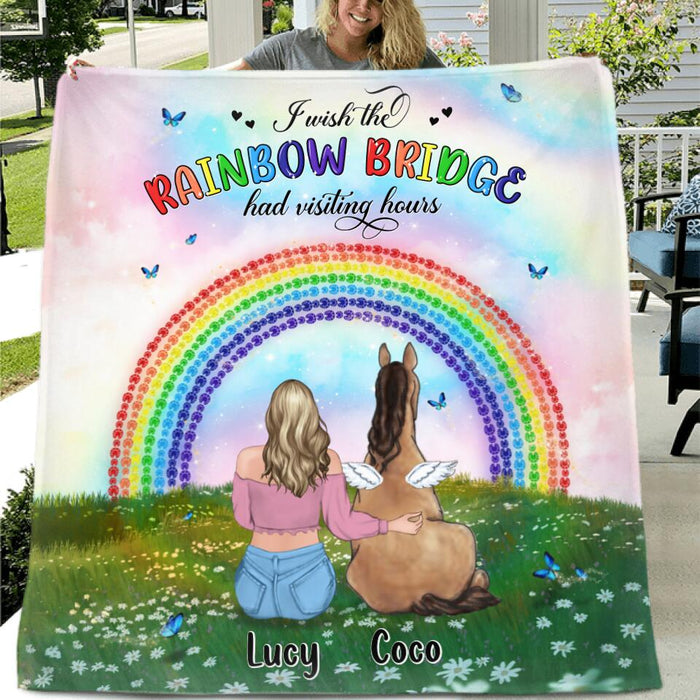 Custom Personalized Horse Memorial Fleece/ Quilt Blanket - Upto 4 Horses - Memorial Gift For Horse Lover - I Wish The Rainbow Bridge Had Visiting Hours