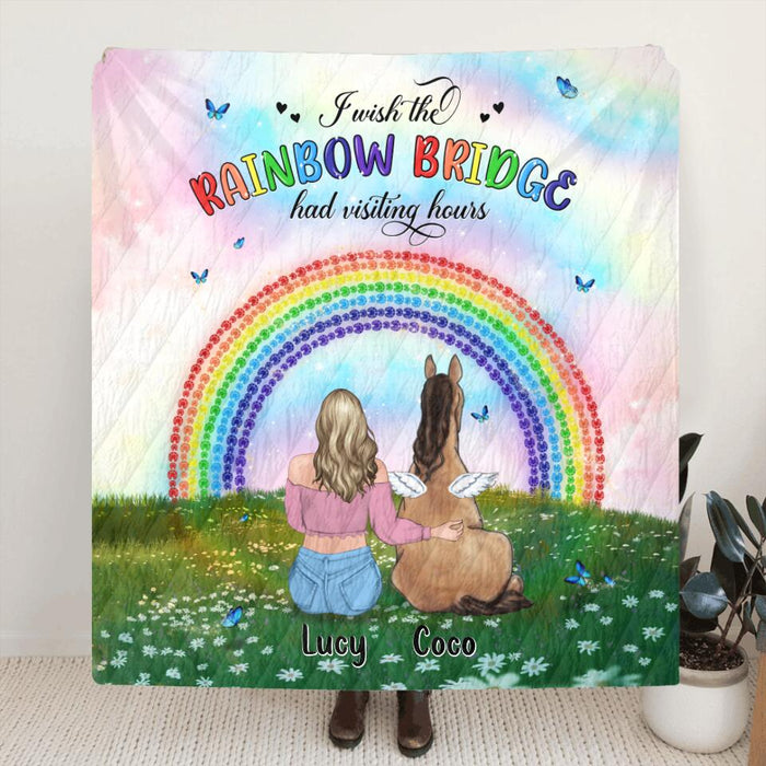 Custom Personalized Horse Memorial Fleece/ Quilt Blanket - Upto 4 Horses - Memorial Gift For Horse Lover - I Wish The Rainbow Bridge Had Visiting Hours