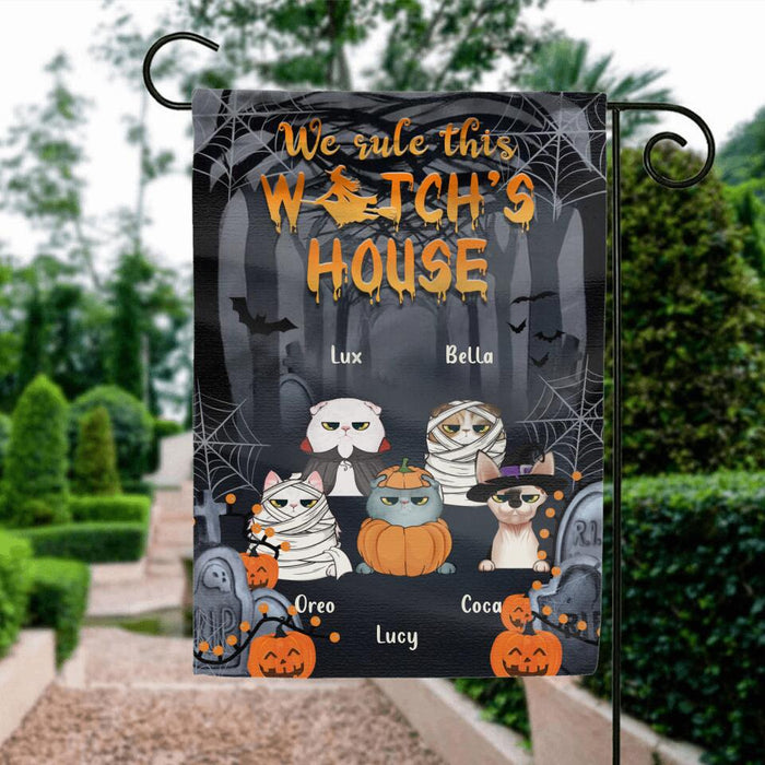 Custom Personalized Halloween Flag Sign - Gift Idea For Halloween/ Cat Owner with up to 5 Cats - We Rule This Witch's House