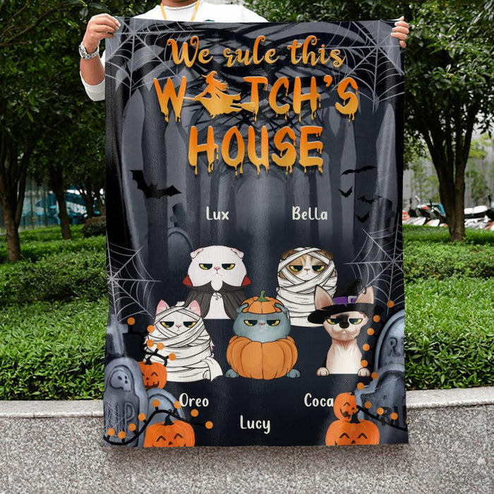 Custom Personalized Halloween Flag Sign - Gift Idea For Halloween/ Cat Owner with up to 5 Cats - We Rule This Witch's House