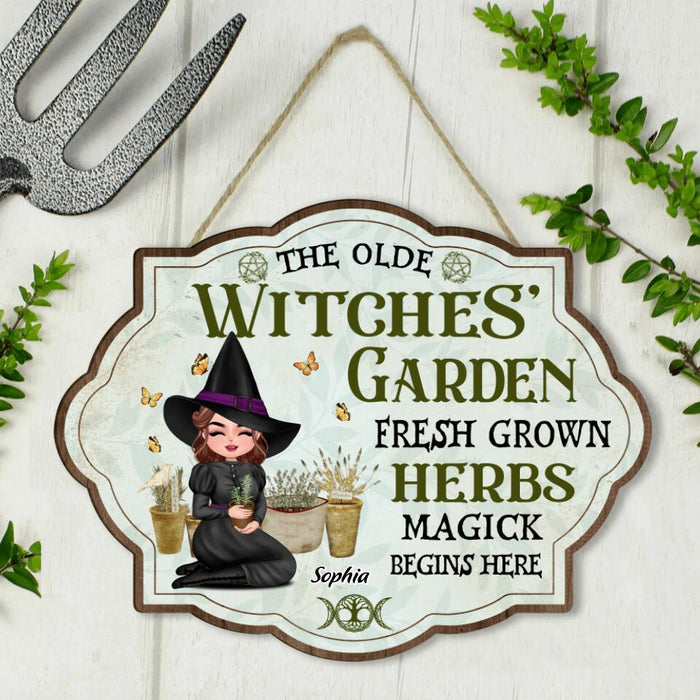 Custom Personalized Garden Witch Wooden Sign - Upto 2 Cats - Halloween Gift Idea For Gardening Lovers/ Cat Lovers/Wiccan Decor/Pagan Decor - The Olde Witches Garden Fresh Grown Herbs Magick Begins Here