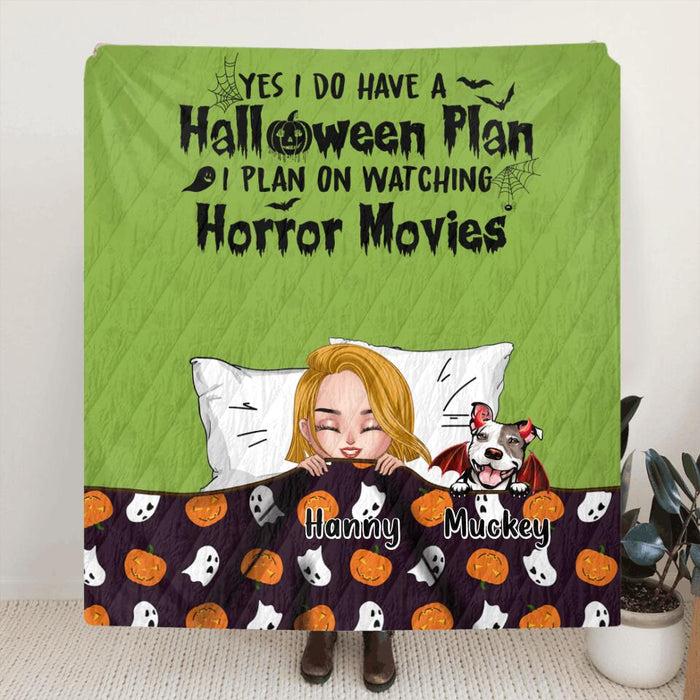 Custom Personalized Sleeping Girl Pillow Cover & Fleece/ Quilt Blanket - Halloween Gift For Girl/ Dog, Cat Lover With Upto Pets - Yes I Do Have A Halloween Plan