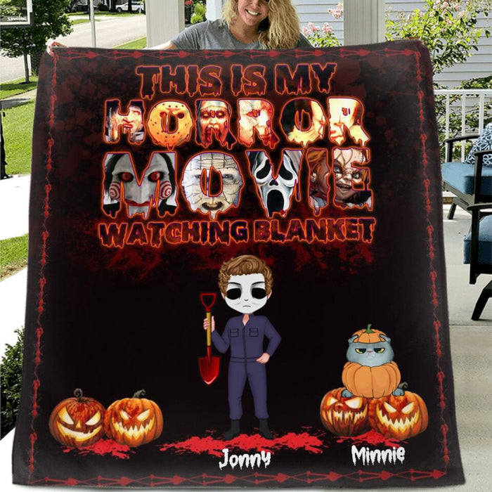 Custom Personalized Horror Movie Quilt/Fleece Blanket - Up to 4 People And 6 Pets - Halloween Gift Idea For Cat/Dog Lovers/Couple/Friends - This Is My Horror Movie Watching Blanket