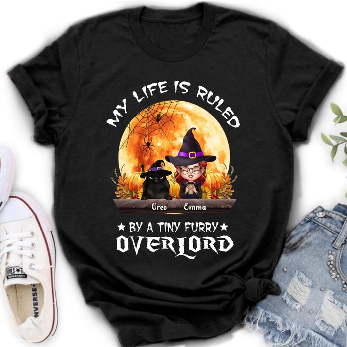 Custom Personalized Cat Witch T-Shirt/ Sweatshirt/ Hoodie - Upto 5 Cats - Halloween Gift Idea For Cat Lovers - My Life Is Ruled By A Tiny Furry Overlord