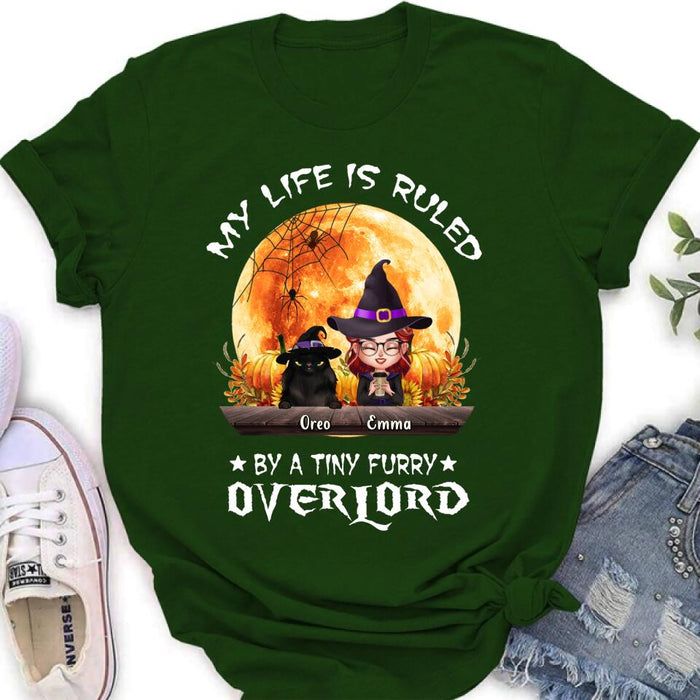 Custom Personalized Cat Witch T-Shirt/ Sweatshirt/ Hoodie - Upto 5 Cats - Halloween Gift Idea For Cat Lovers - My Life Is Ruled By A Tiny Furry Overlord