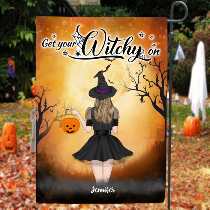 Custom Personalized Halloween Garden Flag - Gift For Friends, Cat Lovers/ Wiccan Decor - Up to 4 Girls and 3 Cats - Get Your Witchy on