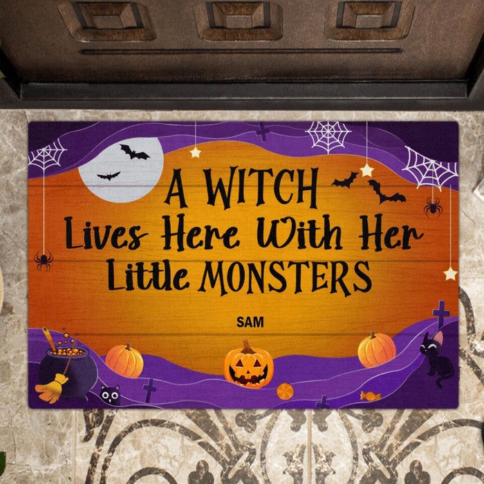 Custom Personalized Pumpkin Doormat - Gift For Halloween/Wiccan Decor/Pagan Decor with upto 5 Pumpkins - A Witch Lives Here With Her Little Monsters