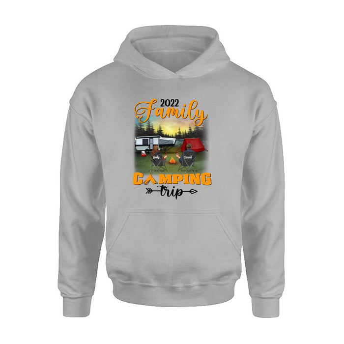 Custom Personalized Family Camping Trip Shirt/ Pullover Hoodie - Couple/ Single Parent/ Parents With Upto 3 Kids And 3 Pets - Gift Idea For Whole Family/ Camping Lover