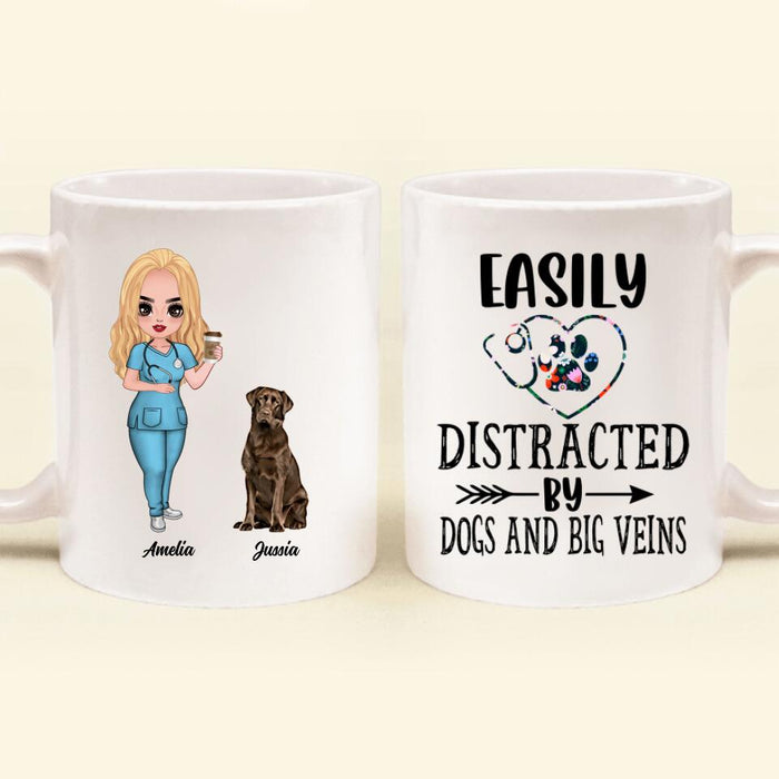 Custom Personalized Nurse Dog Mom Coffee Mug - Upto 5 Dogs - Gift Idea For Dog Lovers - Easily Distracted By Dogs And Big Veins