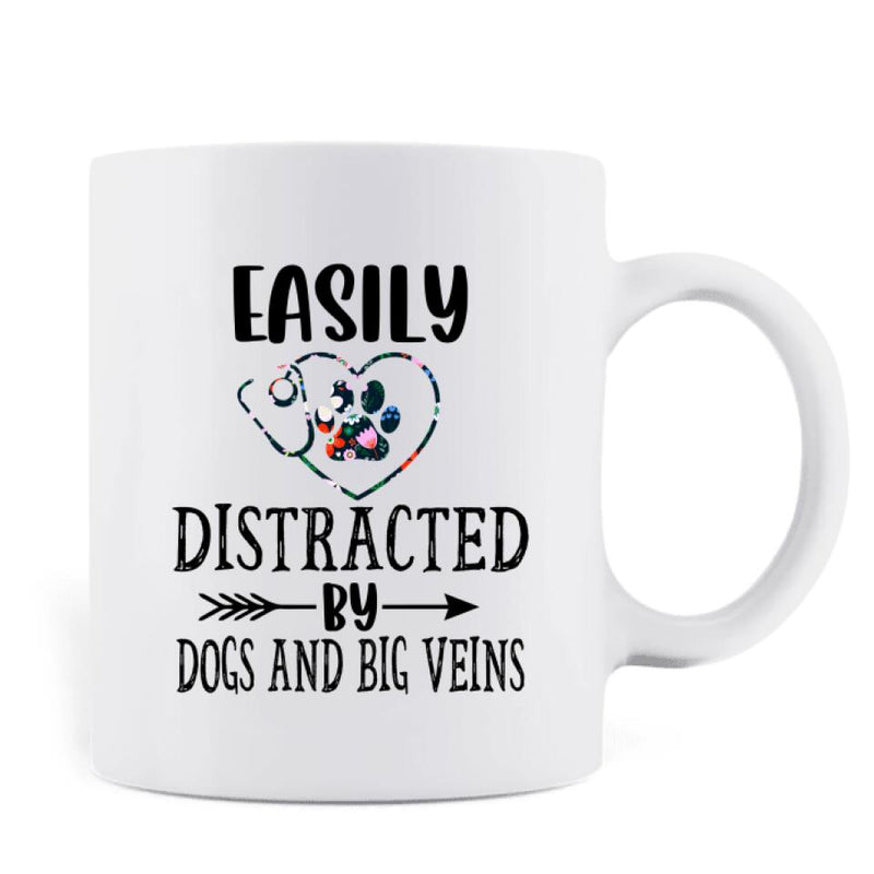 Personalized Nurse Dog Mom Coffee Mug - Up to 5 Dogs - Gift Idea For Dog Lovers - Easily Distracted By Dogs And Big Veins