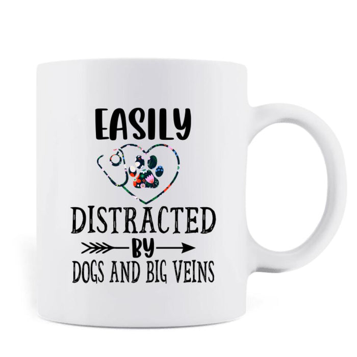 Custom Personalized Nurse Dog Mom Coffee Mug - Upto 5 Dogs - Gift Idea For Dog Lovers - Easily Distracted By Dogs And Big Veins