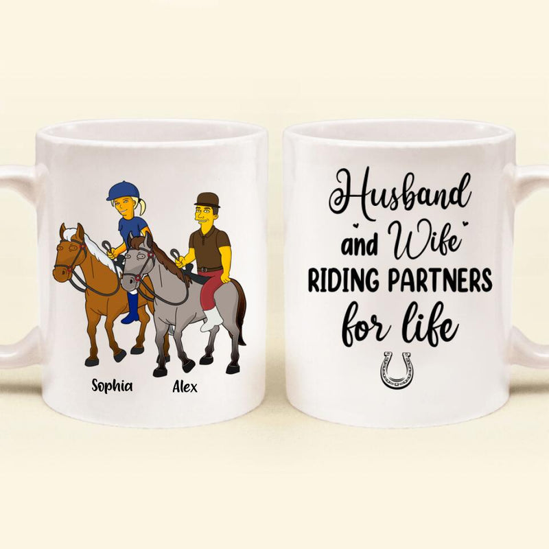 Personalized Horseback Riding Cartoon Portrait From Photo Coffee Mug - Gift Idea For Couple/ Riding Lover - Husband And Wife Riding Partners For Life