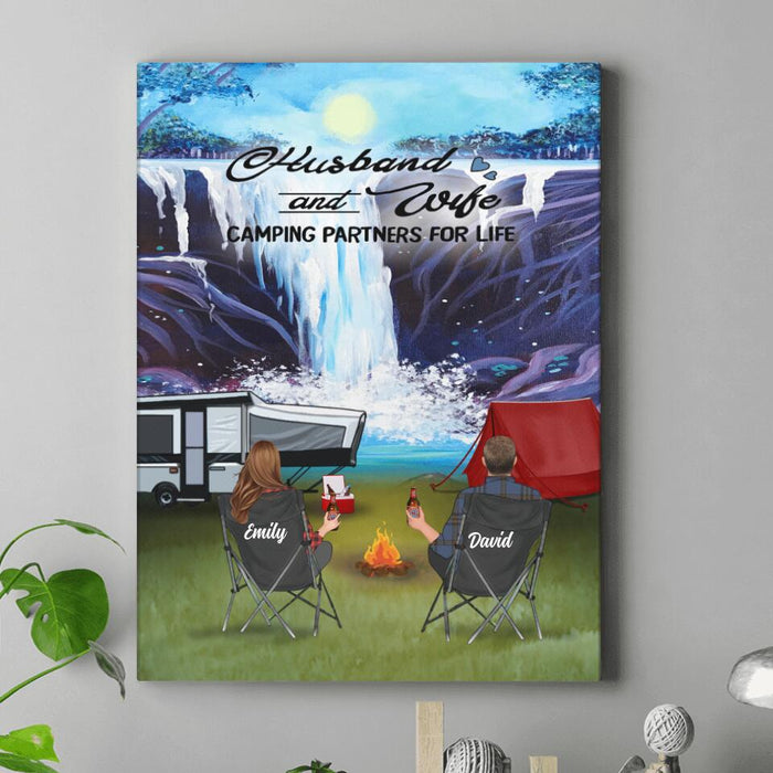 Custom Personalized Camping Canvas - Gift Idea For Camping Lover - Couple/ Parents With Upto 3 Kids And 4 Pets - Husband And Wife Camping Partners For Life