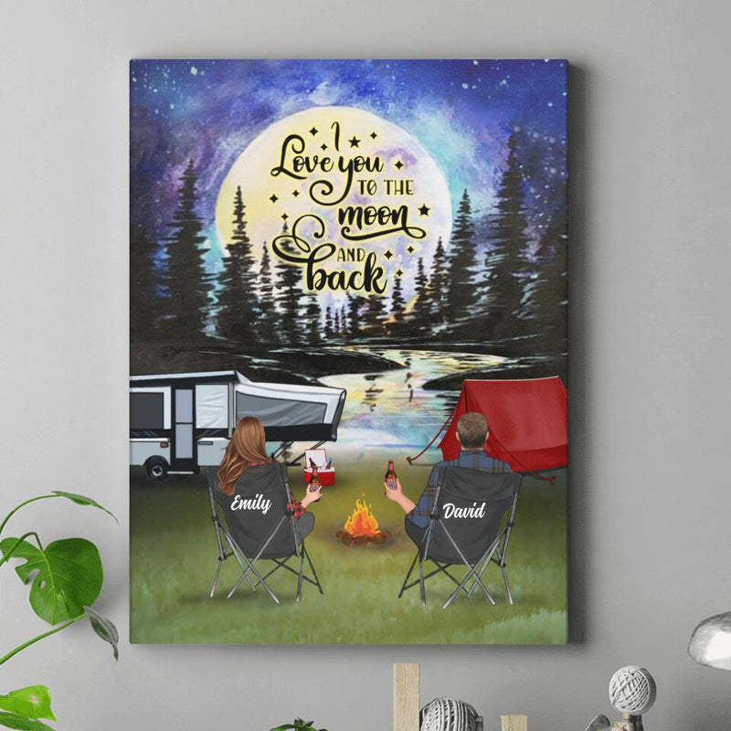 Personalized Camping Moon Canvas - Couple/Parents With Up to 3 Kids And 4 Pets - Gift Idea For Camping Lover - I Love You To The Moon And Back