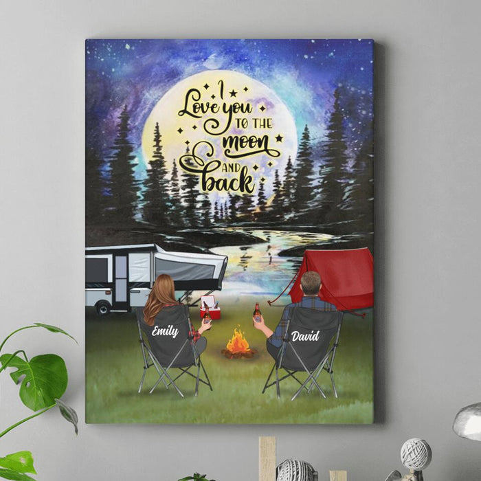 Custom Personalized Camping Moon Canvas - Couple/ Parents With Upto 3 Kids And 4 Pets - Gift Idea For Camping Lover - I Love You To The Moon And Back