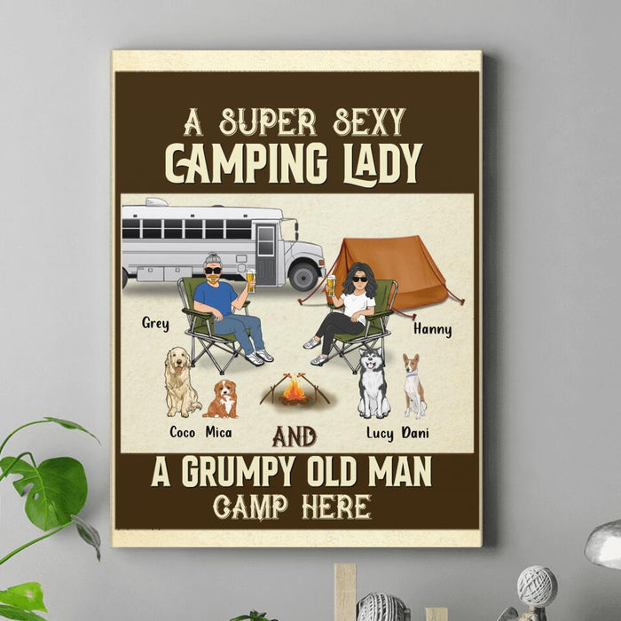 Custom Personalized Couple Camping Canvas - Couple With Up to 4 Pets - Gift Idea For Camping/ Dog/ Cat Lover - A Spoiled Camping Lady And Her Grumpy Husband Camp Here