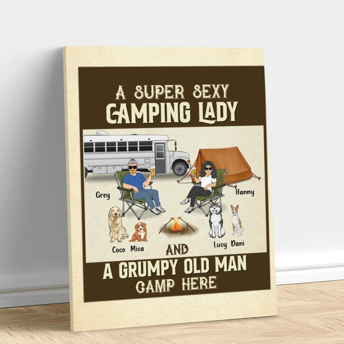 Custom Personalized Couple Camping Canvas - Couple With Up to 4 Pets - Gift Idea For Camping/ Dog/ Cat Lover - A Spoiled Camping Lady And Her Grumpy Husband Camp Here