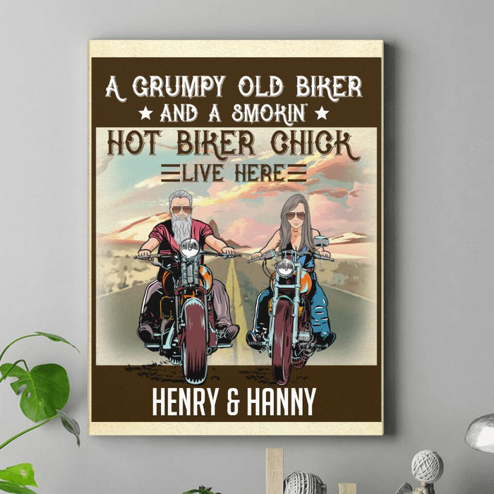 Custom Personalized Couple Biker Vertical Canvas - Gift Idea For Couple - A Grumpy Old Biker And A Smokin' Hot Biker Chick Live Here