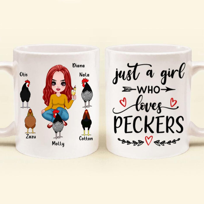 Custom Personalized Chickens Mug - Up to 5 Chickens - Just A Girl Who Loves Peckers