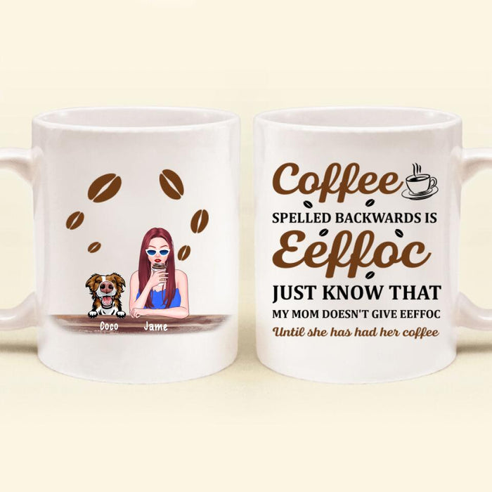 Custom Personalized Coffee Spelled Pet Mom Coffee Mug - Girl With Upto 5 Cats/ Dogs - Best Gift For Dog/ Cat Lover