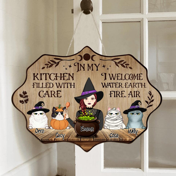 Custom Personalized Cat Witch Wooden Sign - Upto 4 Cats - Halloween Gift Idea For Friends/Sisters/Wiccan Decor/Pagan Decor - In My Kitchen Filled With Care I Welcome Water Earth Fire Air